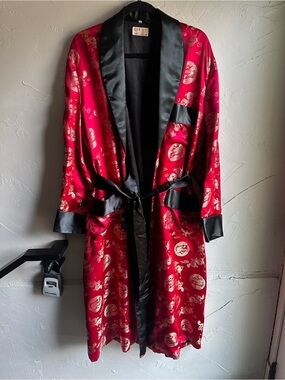 Vintage Chinese Dragon‎ Satin Smoking Robe Red & Gold Brocade Lounge Robe Belted